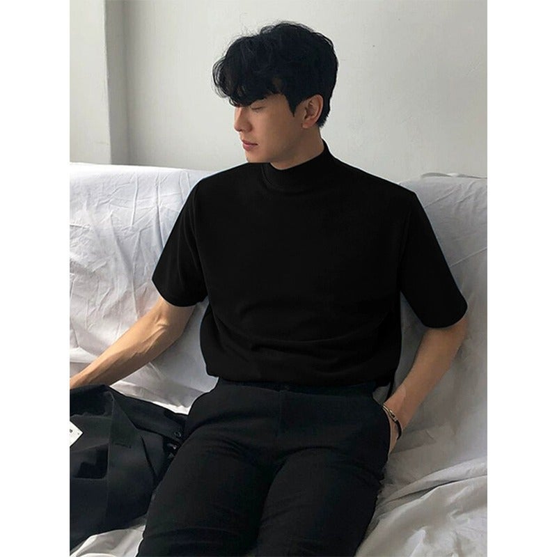 Light Mature Style Half-High Collar Solid Color T-Shirt For Men, Loose Short-Sleeve, Cool And Restrained Style With A Small Neckline And Mid-Sleeve Design - Image 3