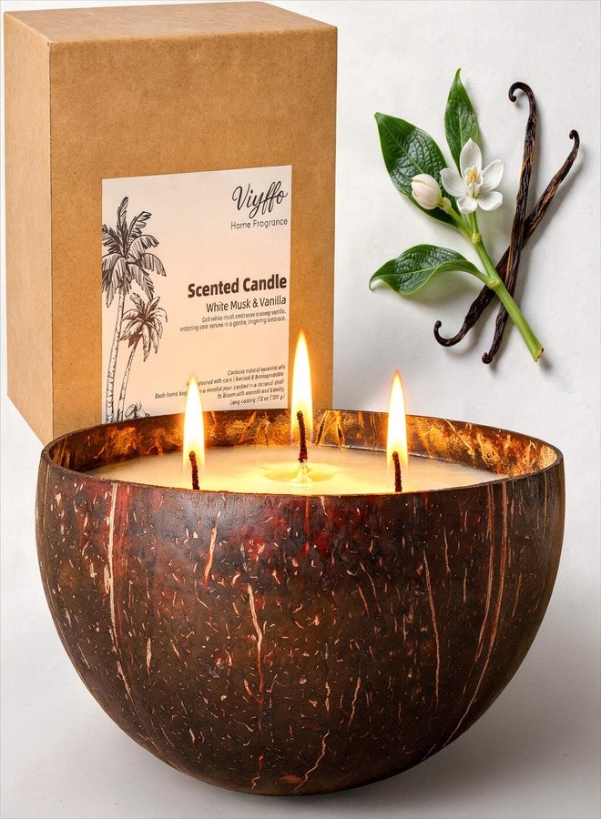 Viyffo Non Toxic Soy Candle for Women - Vanilla & White Musk, 18oz Large 3 Wick Scented Candle, Natural Coconut Shell Jar Perfect for Winter Home Decor & Unique Nature Gift - Image 1
