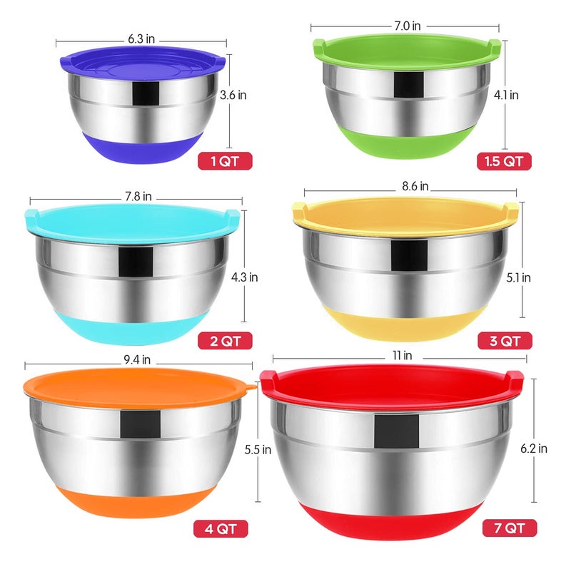 Rottay Mixing Bowls with Airtight Lids, 20PCS Stainless Steel Mixing Bowl Set, Nesting Bowls with 3 Grater Attachments & Non-Slip Bottoms, Size7, 4, 3, 2, 1.5, 1QT Bowls for Baking&Prepping - Image 5