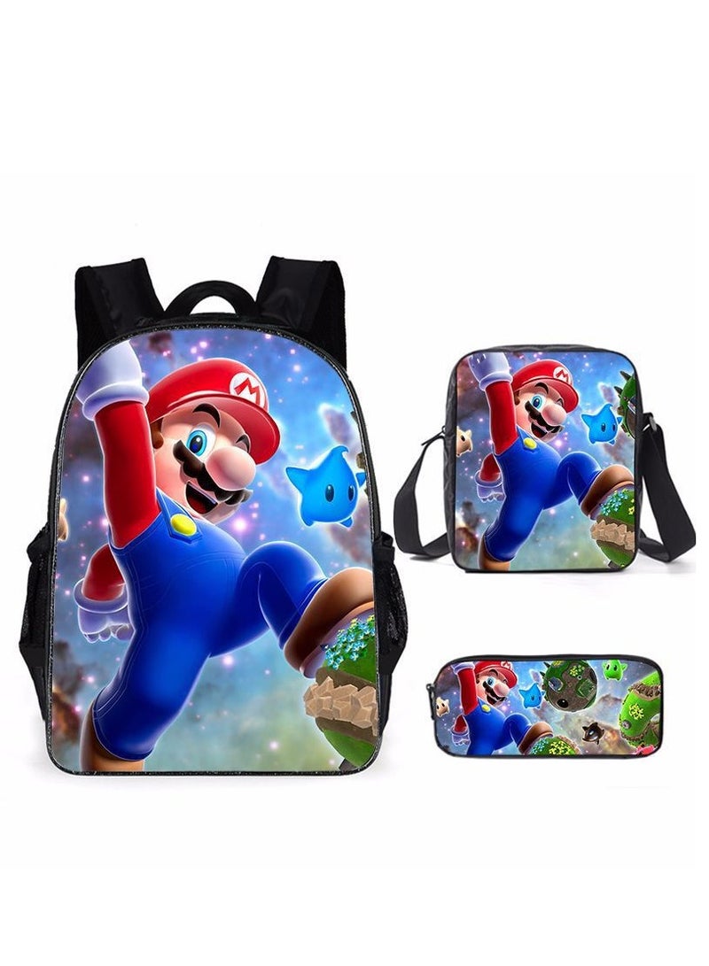 Mario cartoon backpack, primary and secondary school student backpack, large capacity backpack, three piece set, single shoulder bag, pencil case, unisex - Image 1