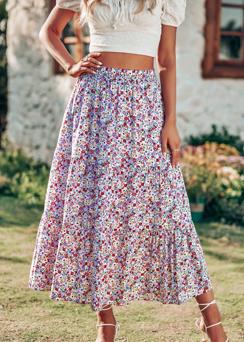 KIRUNDO Maxi Skirts for Women 2026 Summer Boho Floral High Waist Casual Flowy Long Skirt Beach Vacation Cruise Resort Wear(White Red, Small) - Image 2