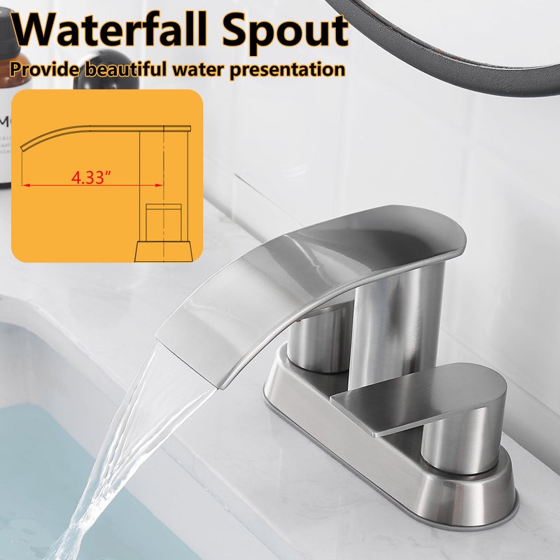 Fransiton Waterfall Bathroom Sink Faucet 4 Inch Brushed Nickel Faucet Bathroom With Pop Up Drain 2 Or 3 Holes Bathroom Basin Lavatory Mixer Tap With Deck Mount Plate - Image 5