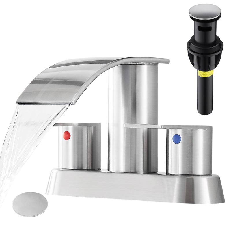 Fransiton Waterfall Bathroom Sink Faucet 4 Inch Brushed Nickel Faucet Bathroom With Pop Up Drain 2 Or 3 Holes Bathroom Basin Lavatory Mixer Tap With Deck Mount Plate - Image 1