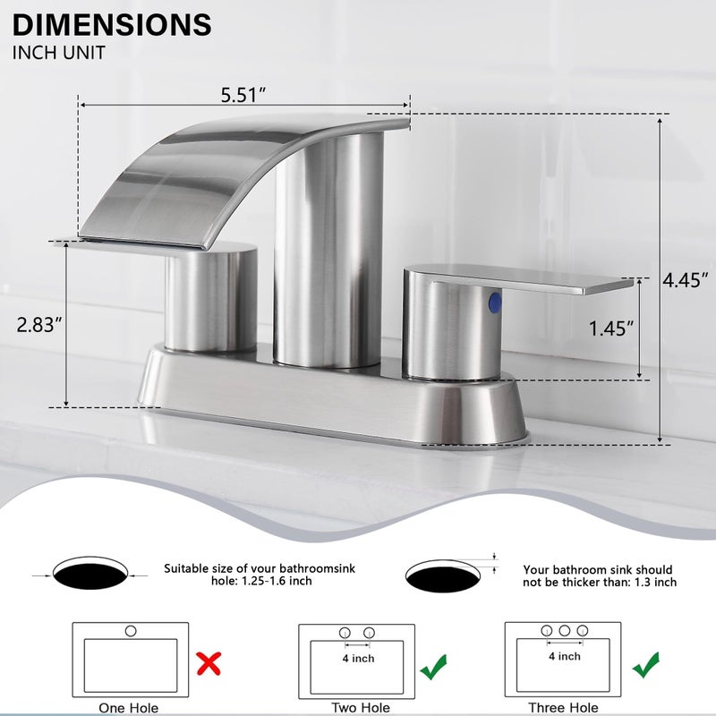 Fransiton Waterfall Bathroom Sink Faucet 4 Inch Brushed Nickel Faucet Bathroom With Pop Up Drain 2 Or 3 Holes Bathroom Basin Lavatory Mixer Tap With Deck Mount Plate - Image 3
