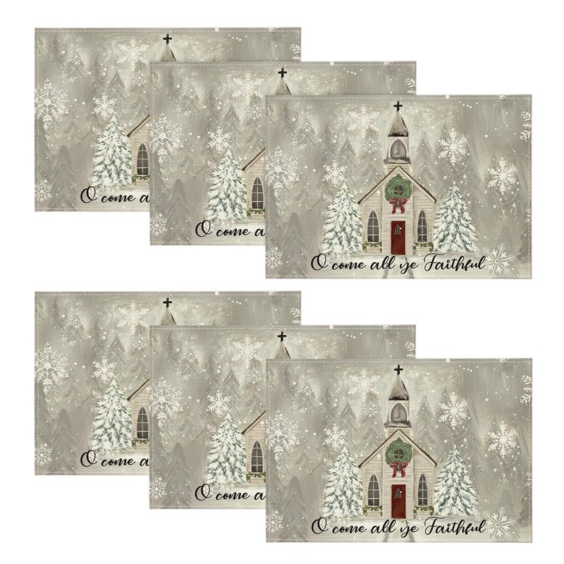 Artoid Mode Church Xmas Trees Snowflakes Merry Christmas Placemats Set of 6 12x18 Inch Winter Table Mats for Party Kitchen Dining Decoration