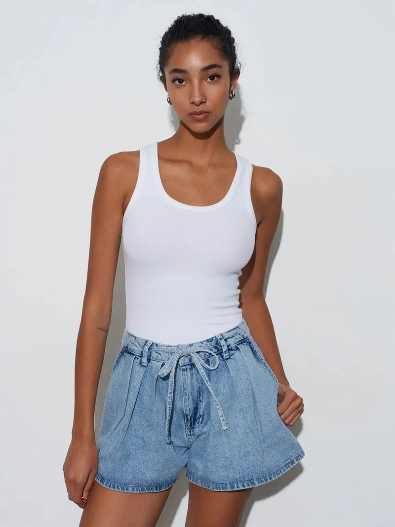 Dilvin Dilvin High-Waist Wide-Leg Cotton Denim Shorts