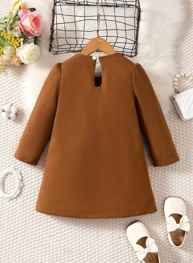 تايك تو Girl's Solid Bow Detail Long Sleeve Dress