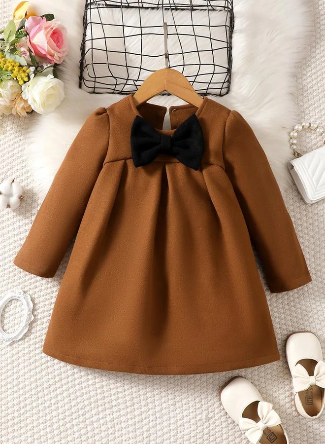 تايك تو Girl's Solid Bow Detail Long Sleeve Dress