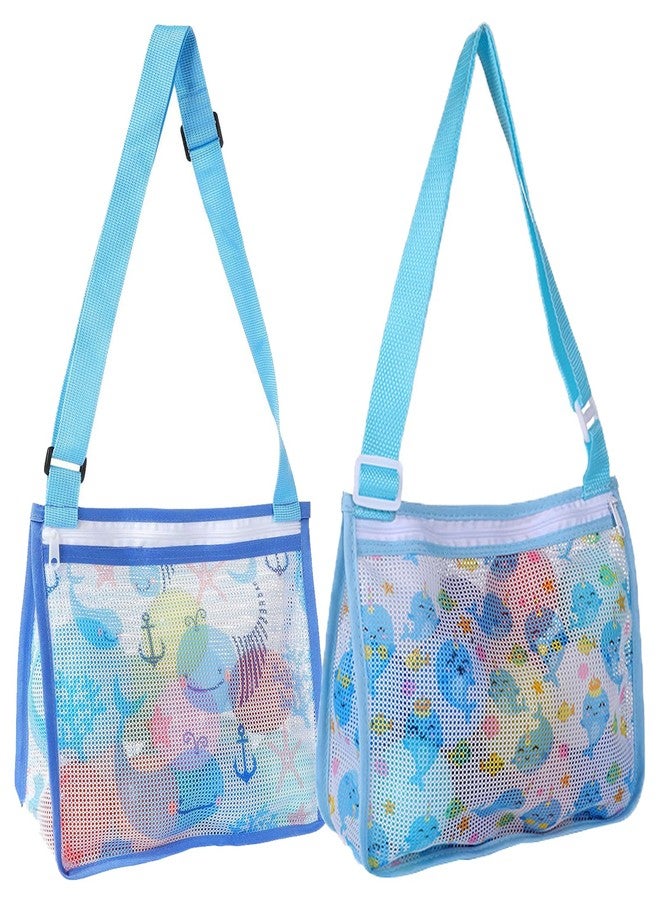 Hiflyer 2 Pack Seashell Mesh Bags with Zipper, Shell Bag for Sand Toys Mesh Bag for Toys, Beach Must Haves for Kids Beach Essentials (Light Blue Whale + Light Blue Dolphin) - Image 1