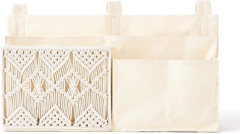 Mkono Bedside Caddy Hanging Organizer, Bunk Woven 7 Pockets Bed Storage Bag Boho Remote Magazine Books Holder with Macrame for Loft Bed College Dorm Bedroom Baby Bed Rails, Ivory - Image 1