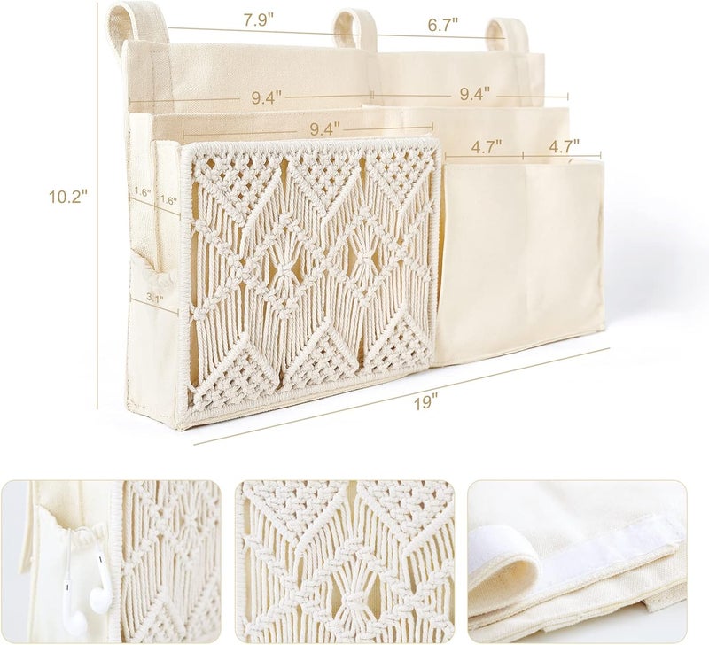 Mkono Bedside Caddy Hanging Organizer, Bunk Woven 7 Pockets Bed Storage Bag Boho Remote Magazine Books Holder with Macrame for Loft Bed College Dorm Bedroom Baby Bed Rails, Ivory - Image 5