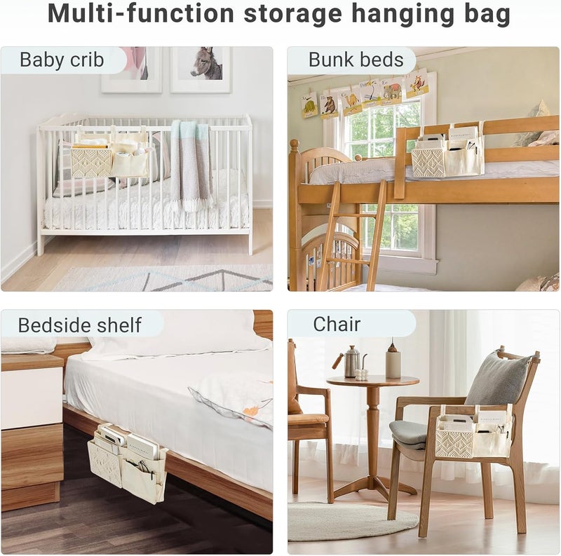 Mkono Bedside Caddy Hanging Organizer, Bunk Woven 7 Pockets Bed Storage Bag Boho Remote Magazine Books Holder with Macrame for Loft Bed College Dorm Bedroom Baby Bed Rails, Ivory - Image 4