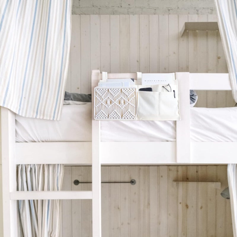 Mkono Bedside Caddy Hanging Organizer, Bunk Woven 7 Pockets Bed Storage Bag Boho Remote Magazine Books Holder with Macrame for Loft Bed College Dorm Bedroom Baby Bed Rails, Ivory - Image 2
