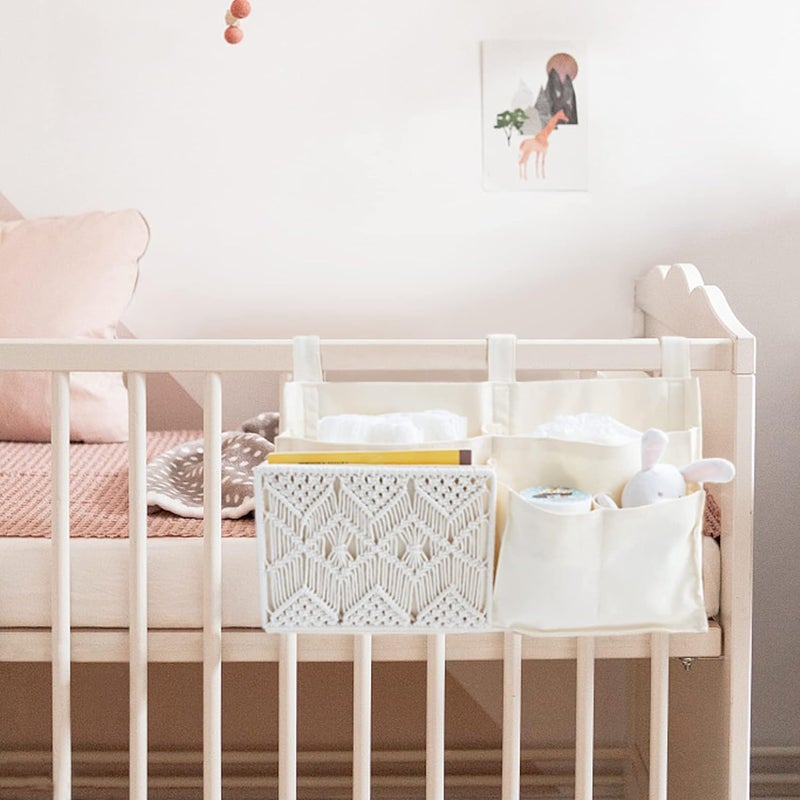 Mkono Bedside Caddy Hanging Organizer, Bunk Woven 7 Pockets Bed Storage Bag Boho Remote Magazine Books Holder with Macrame for Loft Bed College Dorm Bedroom Baby Bed Rails, Ivory - Image 3