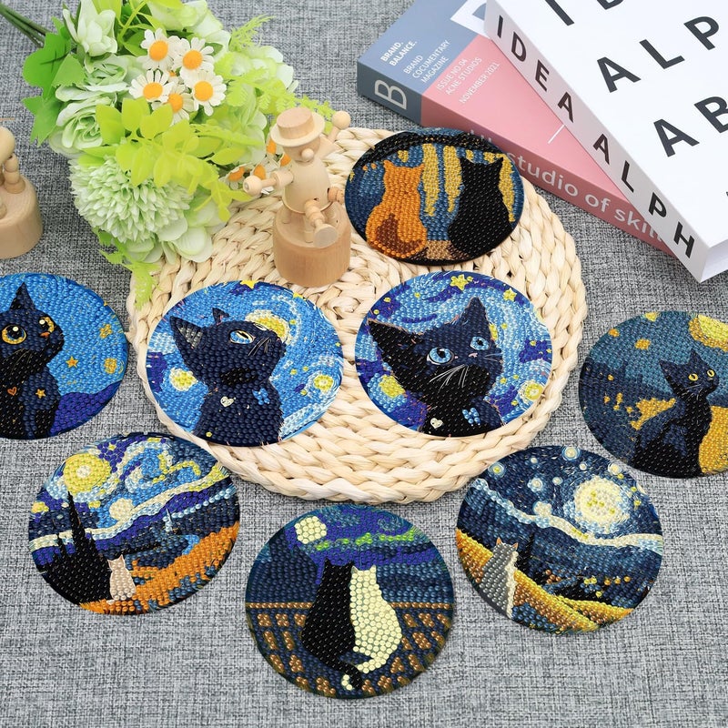 Ekuxom 8 Pcs Cat Diamond Art Coasters Kits with Holder-Diamond Painting Coasters Kits-DIY Crafts Art Coaster Kit for Home Decor - Image 5