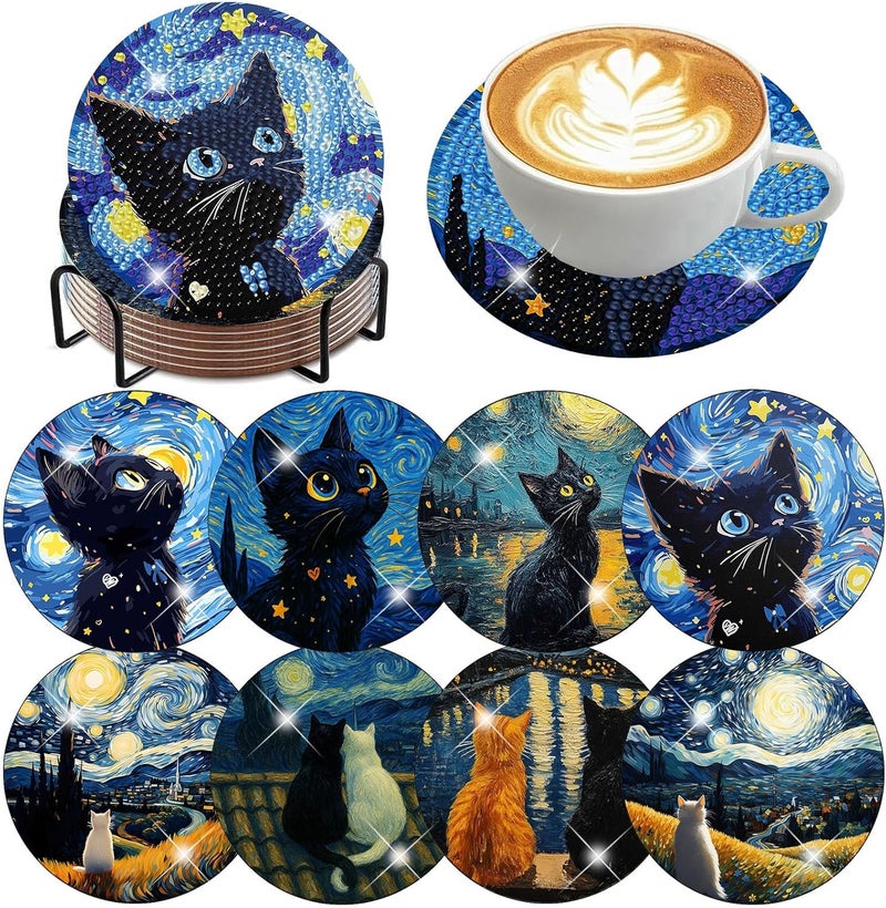 Ekuxom 8 Pcs Cat Diamond Art Coasters Kits with Holder-Diamond Painting Coasters Kits-DIY Crafts Art Coaster Kit for Home Decor - Image 1