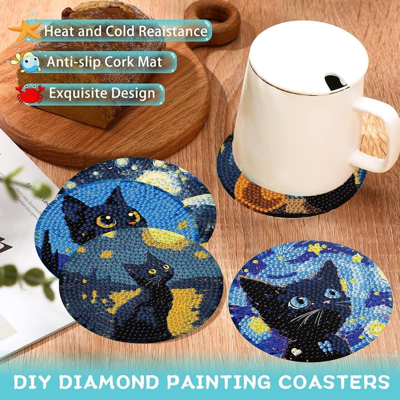 Ekuxom 8 Pcs Cat Diamond Art Coasters Kits with Holder-Diamond Painting Coasters Kits-DIY Crafts Art Coaster Kit for Home Decor - Image 3