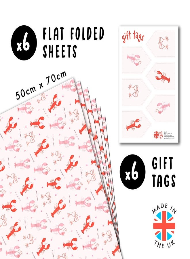 CENTRAL 23 Pink Wrapping Paper For Her - 6 Sheets Of Gift Wrap With Tags - Celebrate Lobster - Animal Gift Wrap Paper For Birthday Wedding Anniversary Valentine's Day - Recyclable - Image 2