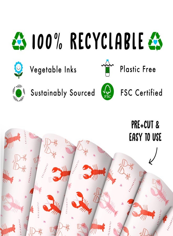 CENTRAL 23 Pink Wrapping Paper For Her - 6 Sheets Of Gift Wrap With Tags - Celebrate Lobster - Animal Gift Wrap Paper For Birthday Wedding Anniversary Valentine's Day - Recyclable - Image 3