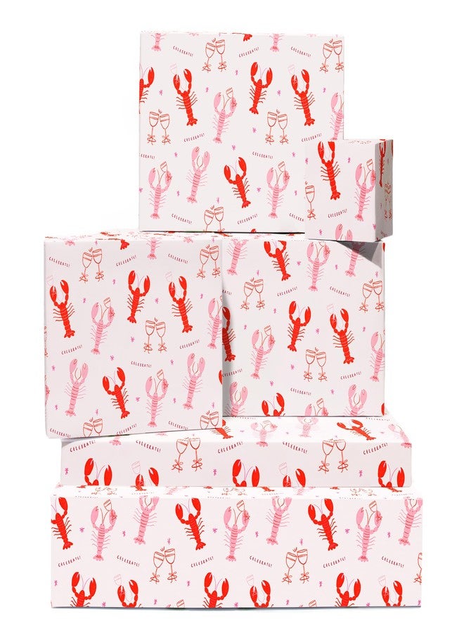 CENTRAL 23 Pink Wrapping Paper For Her - 6 Sheets Of Gift Wrap With Tags - Celebrate Lobster - Animal Gift Wrap Paper For Birthday Wedding Anniversary Valentine's Day - Recyclable - Image 1
