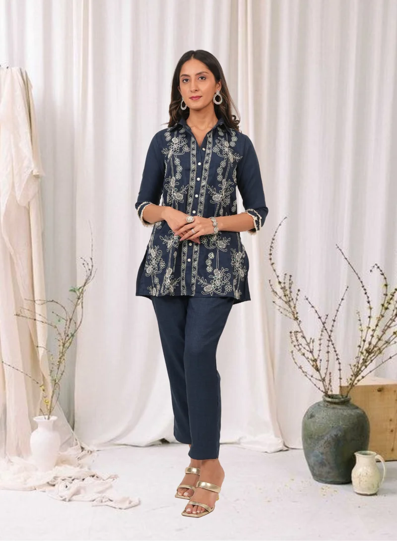 Lehar Navy Blue Embroidered Cotton Linen Kurta Set