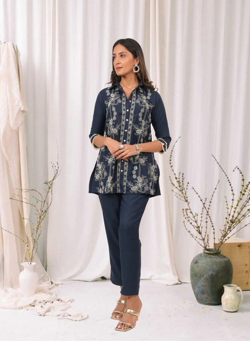 Lehar Navy Blue Embroidered Cotton Linen Kurta Set