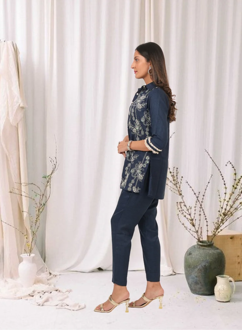 Lehar Navy Blue Embroidered Cotton Linen Kurta Set