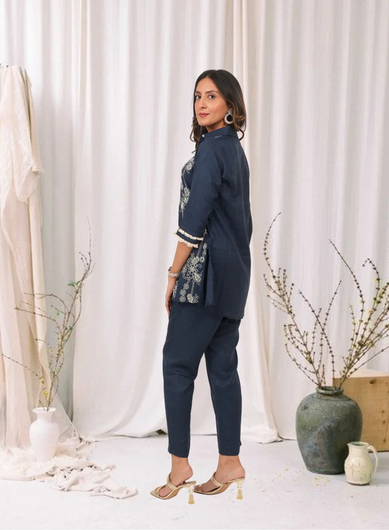 Lehar Navy Blue Embroidered Cotton Linen Kurta Set