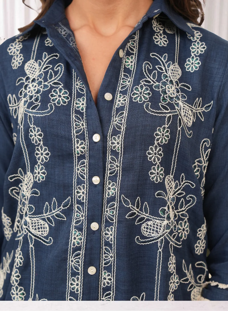 Lehar Navy Blue Embroidered Cotton Linen Kurta Set