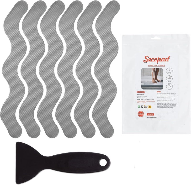 Secopad 36 PCS Anti Slip Shower Stickers, Safety Bathtub Strips Adhesive Decals with Premium Scraper for Bath Tub Shower Stairs (Grey) - Image 1