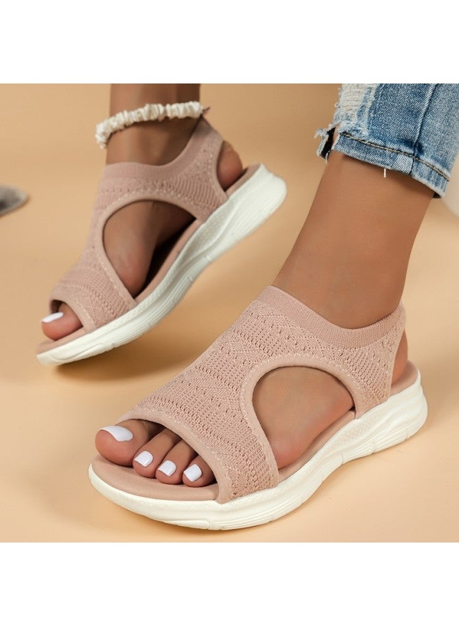 Thick-soled Slippers, Summer European And American Style Fashionable Fly-knit Flat Sandals, Large Size Beach New Shoes, Women's Shoes