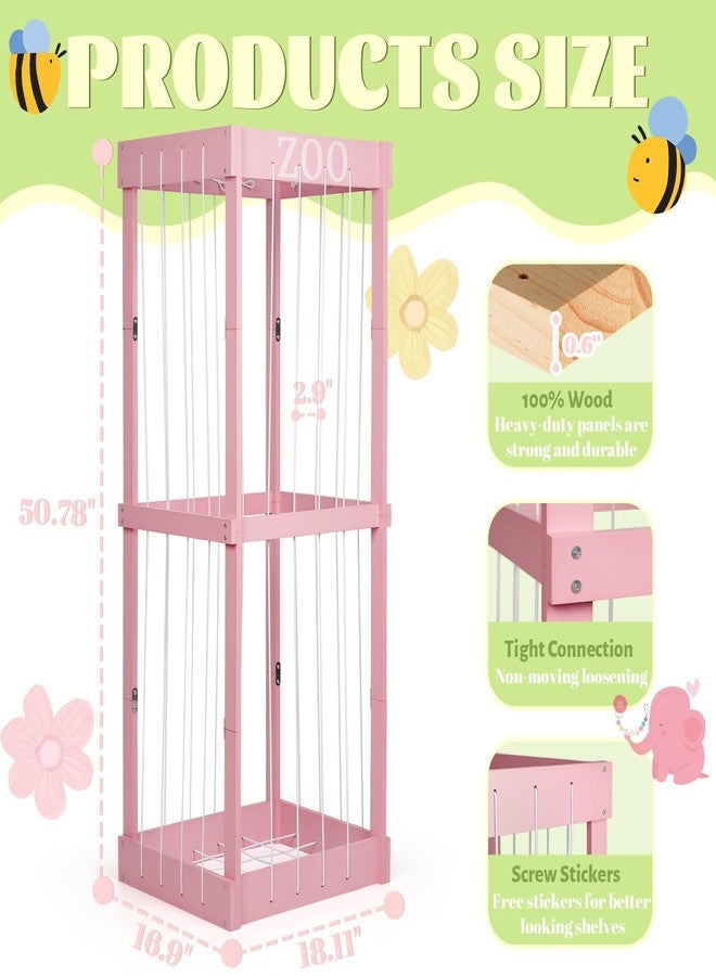 Trycooling Stuffed Animal Zoo Stuffed Animal Storage Wood Plushie Storage Stuffed Animals Zoo Storage Cage with Zoo Pattern Elastic Band for Nursery Play Room Bedroom (Pink) - Image 2