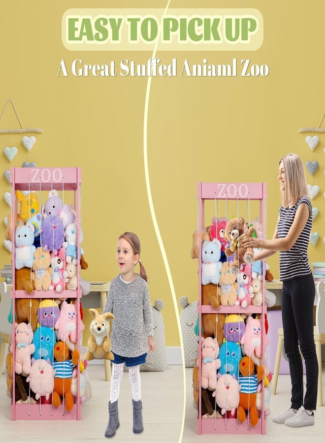 Trycooling Stuffed Animal Zoo Stuffed Animal Storage Wood Plushie Storage Stuffed Animals Zoo Storage Cage with Zoo Pattern Elastic Band for Nursery Play Room Bedroom (Pink) - Image 3