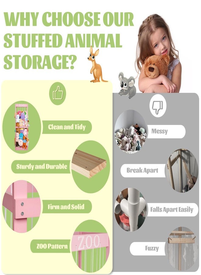 Trycooling Stuffed Animal Zoo Stuffed Animal Storage Wood Plushie Storage Stuffed Animals Zoo Storage Cage with Zoo Pattern Elastic Band for Nursery Play Room Bedroom (Pink) - Image 4