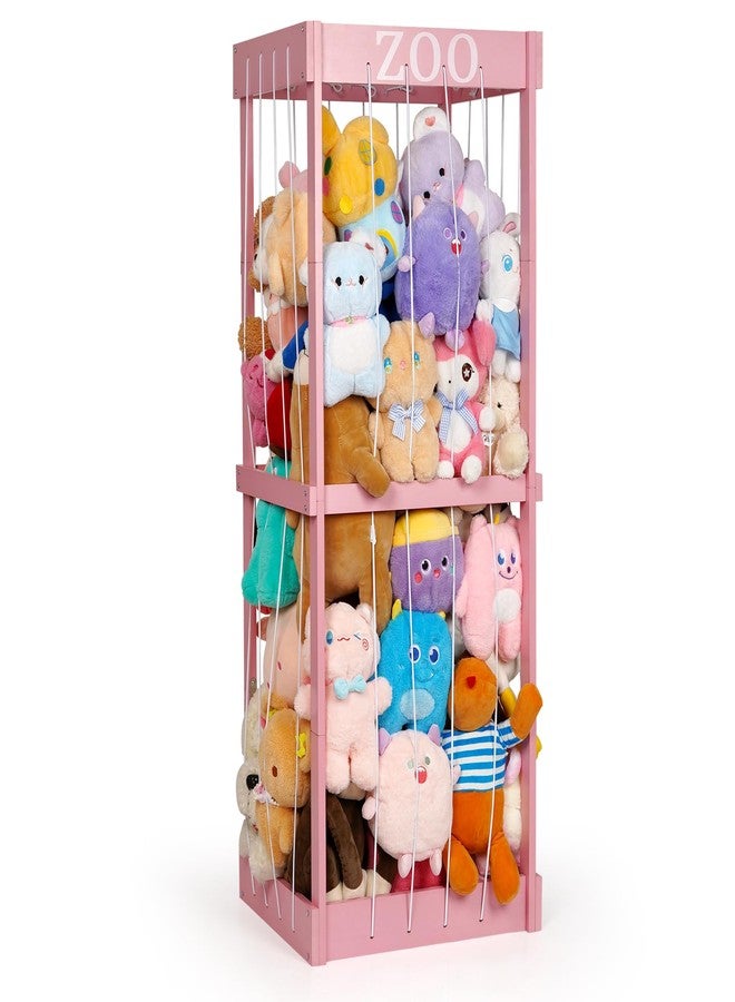 Trycooling Stuffed Animal Zoo Stuffed Animal Storage Wood Plushie Storage Stuffed Animals Zoo Storage Cage with Zoo Pattern Elastic Band for Nursery Play Room Bedroom (Pink) - Image 1