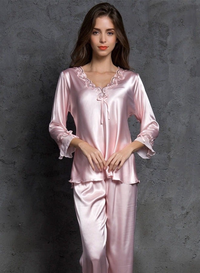 Women's Silk Pajama Set 2 Piece Set Sleepwear Home Clothes 3/4 Sleeve Pullover Lounge Set Silky Nightgown Satin Pajama Set(M)  - Image 2
