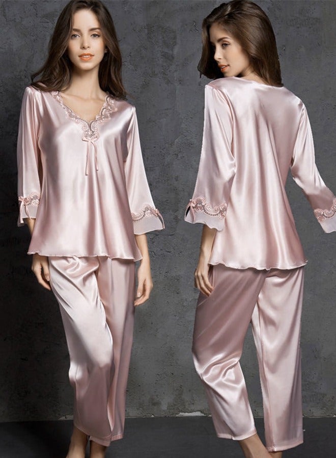 Women's Silk Pajama Set 2 Piece Set Sleepwear Home Clothes 3/4 Sleeve Pullover Lounge Set Silky Nightgown Satin Pajama Set(M)  - Image 1