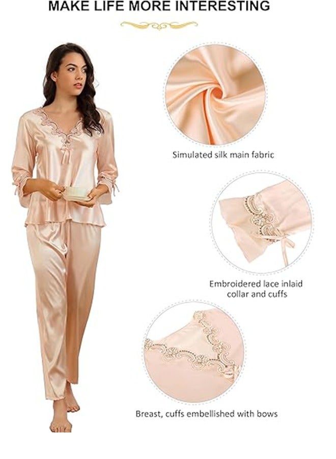 Women's Silk Pajama Set 2 Piece Set Sleepwear Home Clothes 3/4 Sleeve Pullover Lounge Set Silky Nightgown Satin Pajama Set(M)  - Image 4
