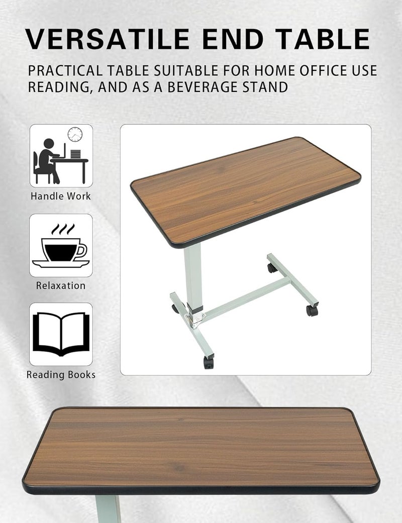 Meishida Adjustable Overbed Bedside Table - Hospital Bed Table, Bed Trays for Eating, Non-Tilt, Steel Frame, Walnut Wood-Grain, Swivel Caster Wheels, 50Lbs Capacity - Image 4