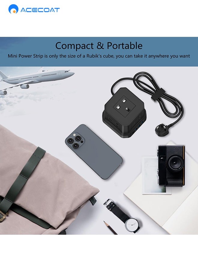 ايسكوت - سلك تمديد مكعب بطول 2 متر مع USB، سلك تمديد متعدد التوصيل 5 طرق مع 3 USB A و1 USB C (PD 20W)، سلك تمديد للحماية من زيادة التيار في المملكة المتحدة مع مفتاح وسلك كابل، مناسب للمنزل والسفر والمكتب - Image 1