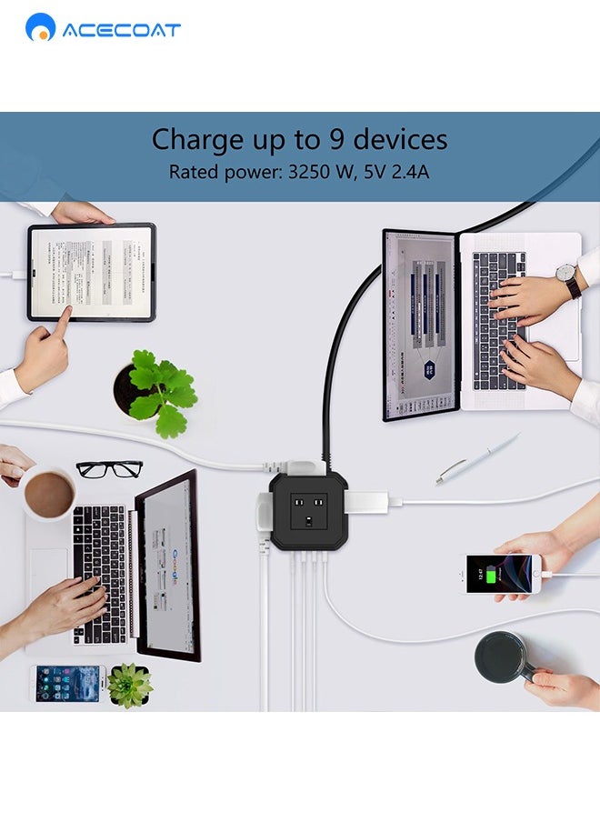 ايسكوت - سلك تمديد مكعب بطول 2 متر مع USB، سلك تمديد متعدد التوصيل 5 طرق مع 3 USB A و1 USB C (PD 20W)، سلك تمديد للحماية من زيادة التيار في المملكة المتحدة مع مفتاح وسلك كابل، مناسب للمنزل والسفر والمكتب - Image 1