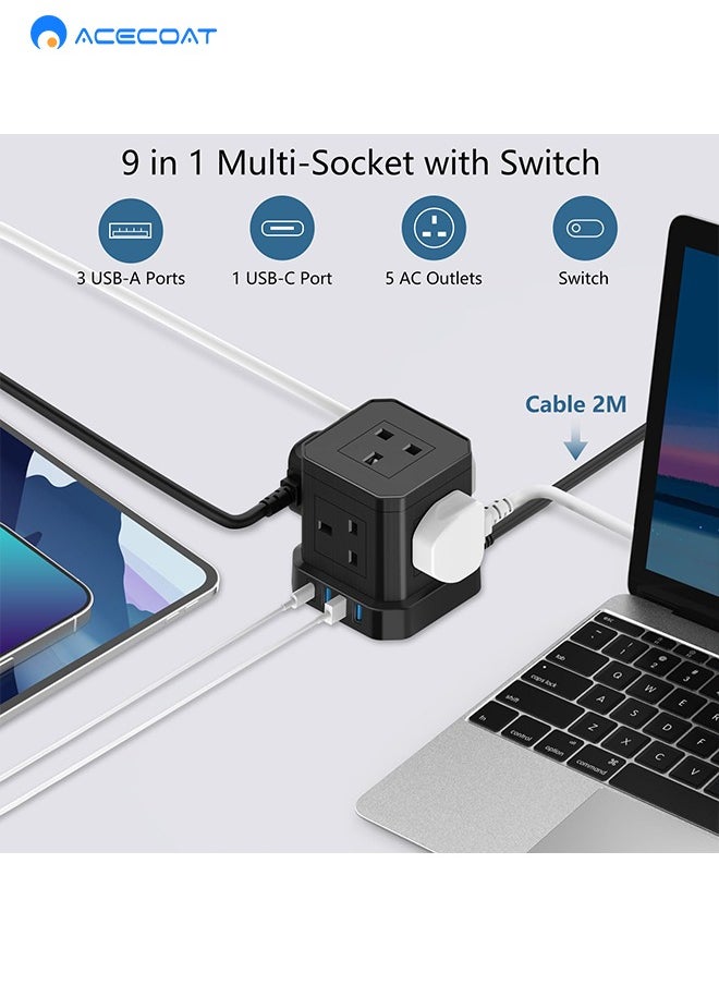 ايسكوت - سلك تمديد مكعب بطول 2 متر مع USB، سلك تمديد متعدد التوصيل 5 طرق مع 3 USB A و1 USB C (PD 20W)، سلك تمديد للحماية من زيادة التيار في المملكة المتحدة مع مفتاح وسلك كابل، مناسب للمنزل والسفر والمكتب - Image 1