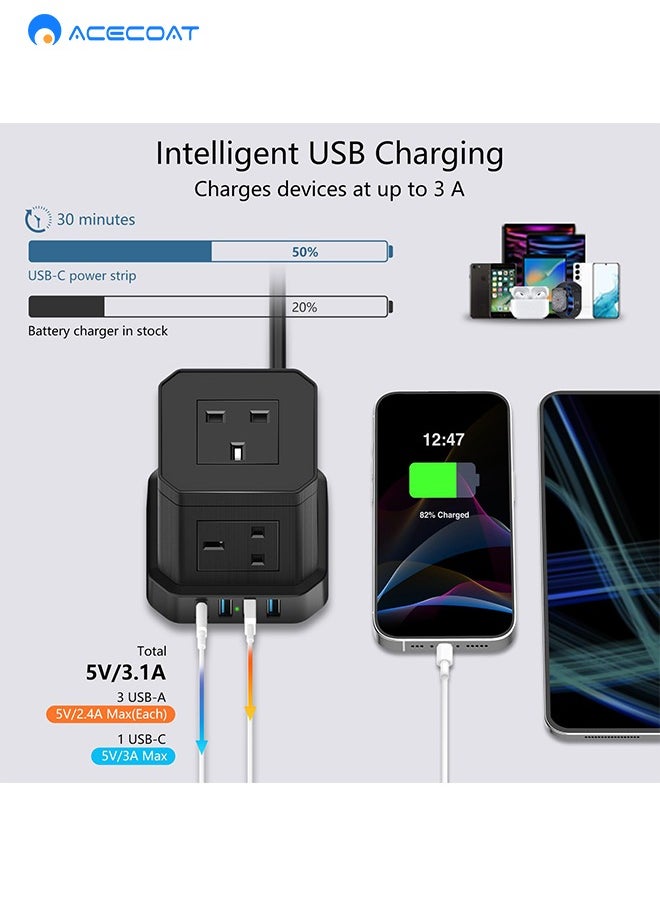 ايسكوت - سلك تمديد مكعب بطول 2 متر مع USB، سلك تمديد متعدد التوصيل 5 طرق مع 3 USB A و1 USB C (PD 20W)، سلك تمديد للحماية من زيادة التيار في المملكة المتحدة مع مفتاح وسلك كابل، مناسب للمنزل والسفر والمكتب - Image 1