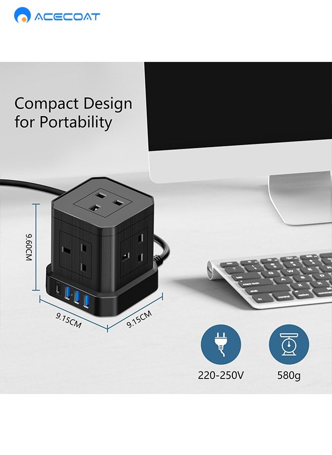 ايسكوت - سلك تمديد مكعب بطول 2 متر مع USB، سلك تمديد متعدد التوصيل 5 طرق مع 3 USB A و1 USB C (PD 20W)، سلك تمديد للحماية من زيادة التيار في المملكة المتحدة مع مفتاح وسلك كابل، مناسب للمنزل والسفر والمكتب - Image 1