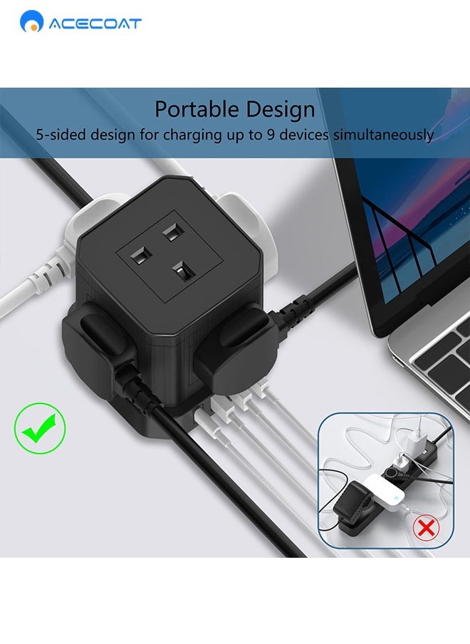 ايسكوت - سلك تمديد مكعب بطول 2 متر مع USB، سلك تمديد متعدد التوصيل 5 طرق مع 3 USB A و1 USB C (PD 20W)، سلك تمديد للحماية من زيادة التيار في المملكة المتحدة مع مفتاح وسلك كابل، مناسب للمنزل والسفر والمكتب - Image 1