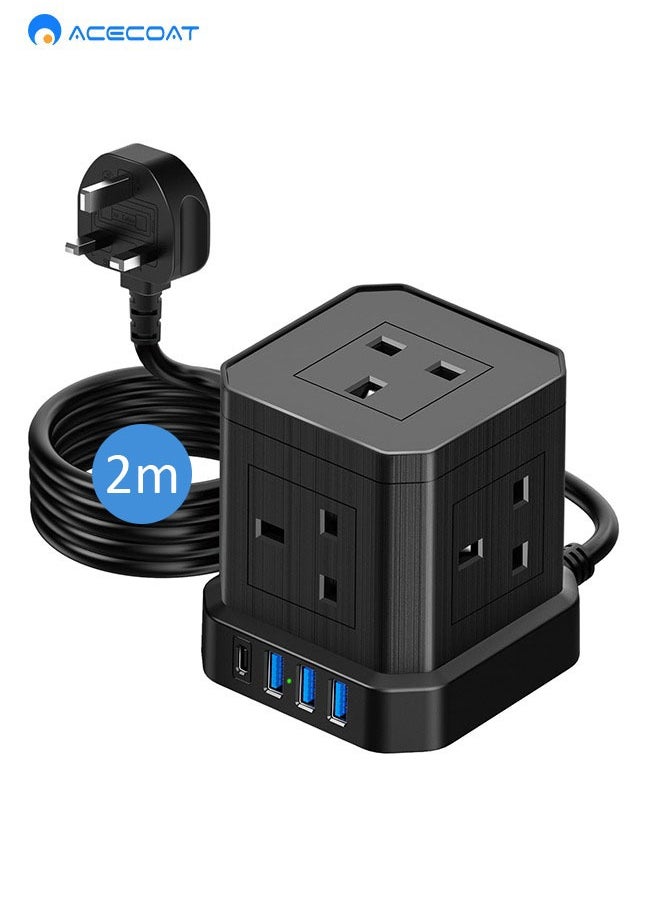 ايسكوت - سلك تمديد مكعب بطول 2 متر مع USB، سلك تمديد متعدد التوصيل 5 طرق مع 3 USB A و1 USB C (PD 20W)، سلك تمديد للحماية من زيادة التيار في المملكة المتحدة مع مفتاح وسلك كابل، مناسب للمنزل والسفر والمكتب - Image 1