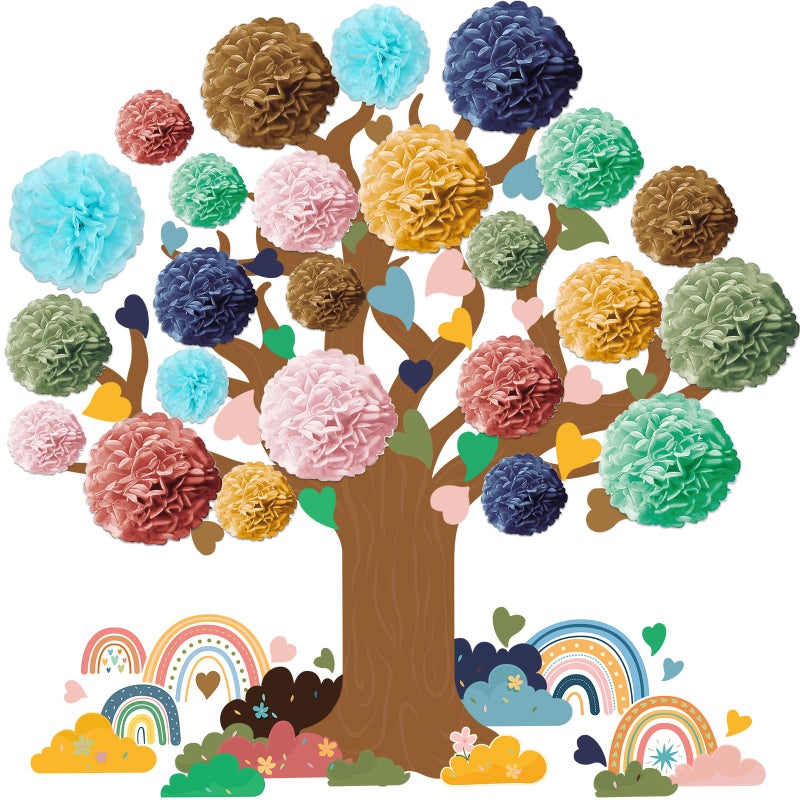Pajean 84 Pcs Classroom Tree Bulletin Board Set Groovy Hippie Cutouts 3D Paper Pom Poms Motivational Educational Welcome Class Decor for Elementary Preschool Back to School Wall Decor Supplies - Image 2