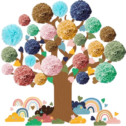 Pajean 84 Pcs Classroom Tree Bulletin Board Set Groovy Hippie Cutouts 3D Paper Pom Poms Motivational Educational Welcome Class Decor for Elementary Preschool Back to School Wall Decor Supplies - Image 1