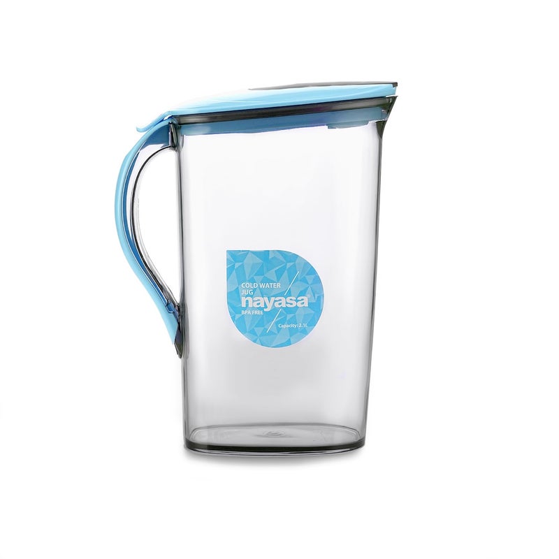 NAYASA Nayasa Icon Jug 2100 ML Cold Water Jug with Lid Study Handle Press Lock Button to Open Leakproof Lid Strong Flat Body Glass Finish Look Milk Juice Beverage Carafes Blue - Image 1