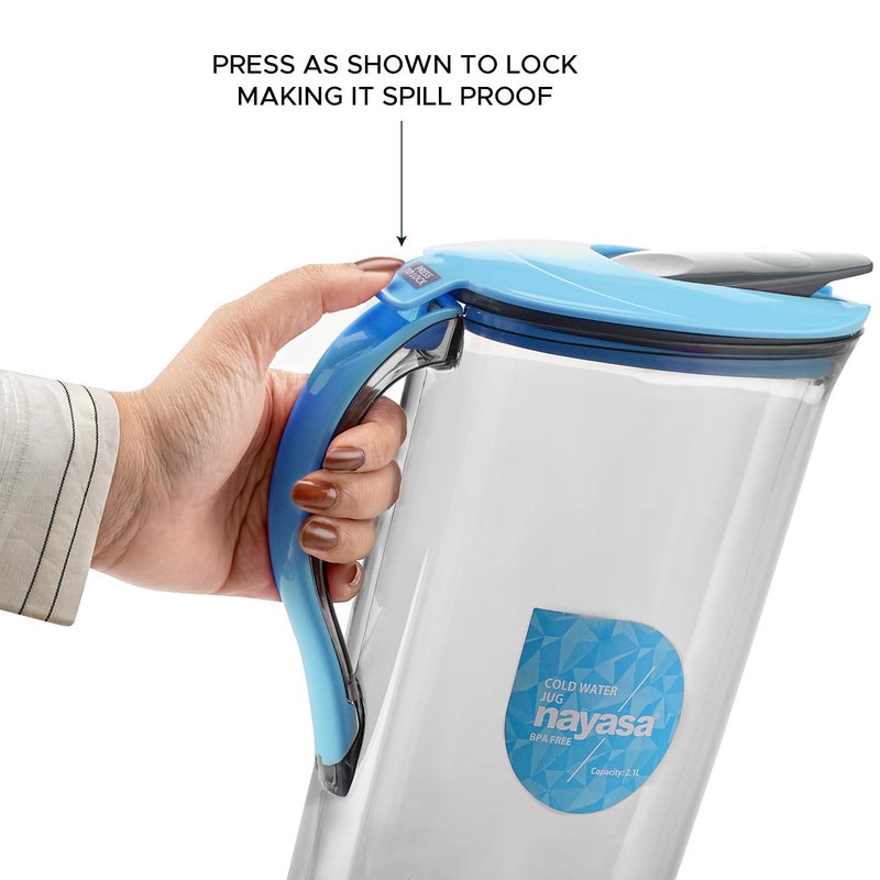 NAYASA Nayasa Icon Jug 2100 ML Cold Water Jug with Lid Study Handle Press Lock Button to Open Leakproof Lid Strong Flat Body Glass Finish Look Milk Juice Beverage Carafes Blue - Image 3